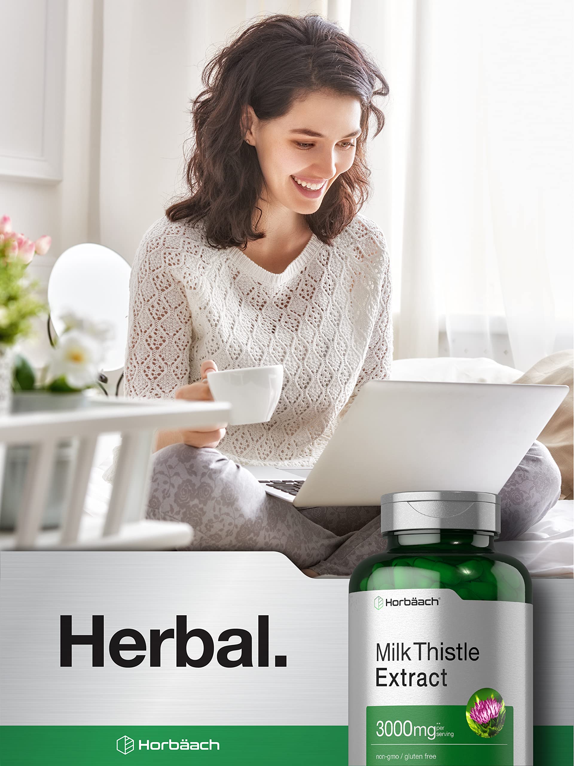 Close up of HorbÃ¤ach Milk Thistle 3000mg capsule serving size directions