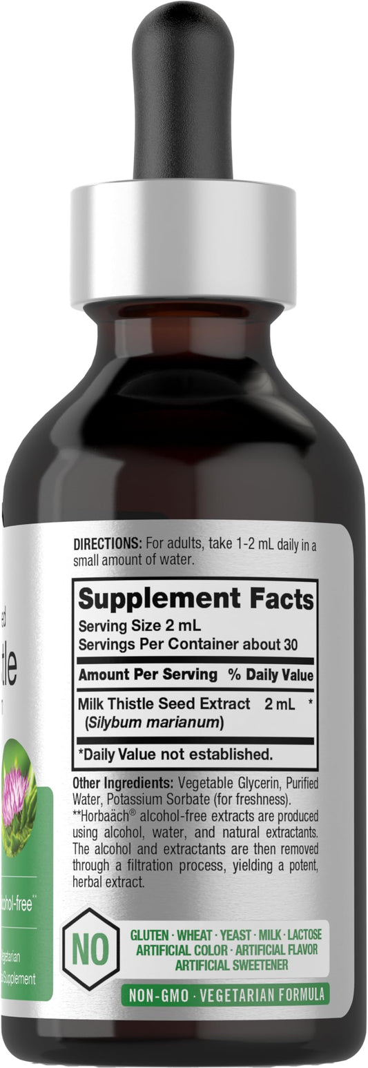 HorbÃ¤ach alcohol free vegetarian milk thistle formula label detail displaying non GMO certifications