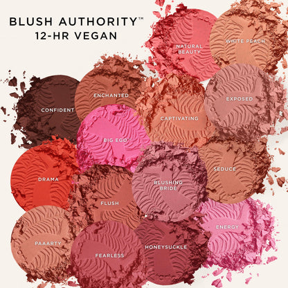 Tarte face makeup powder blush swatched on skin showcasing buildable pigment.