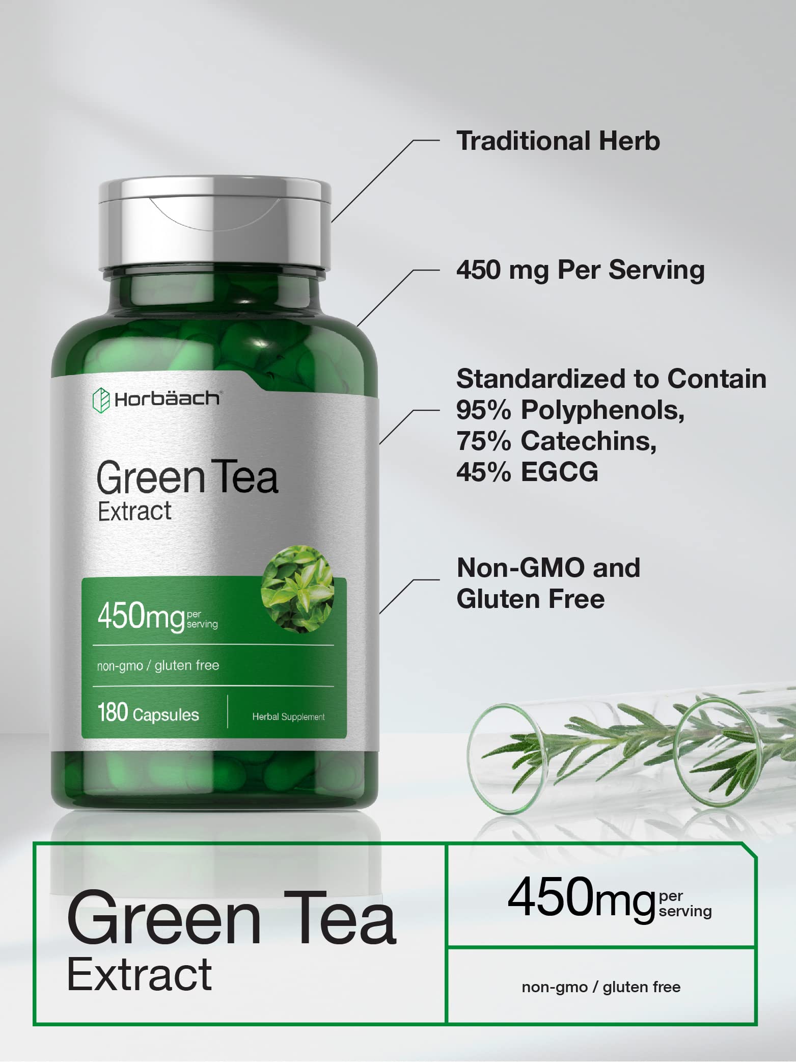 HorbÃ¤ach Green Tea Extract 180 capsules bottle side view