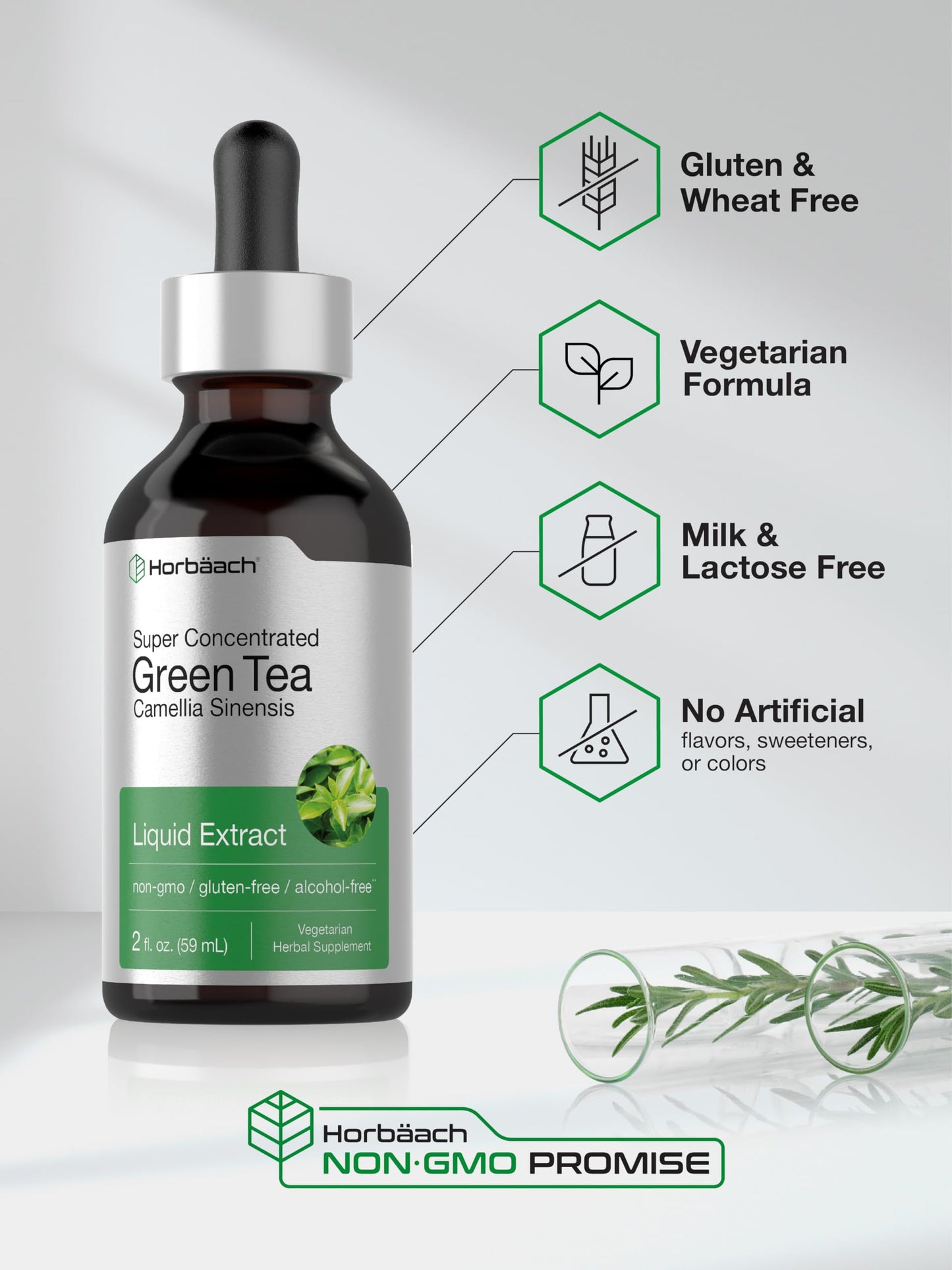 Close up of Horbaach Green Tea Extract dropper bottle