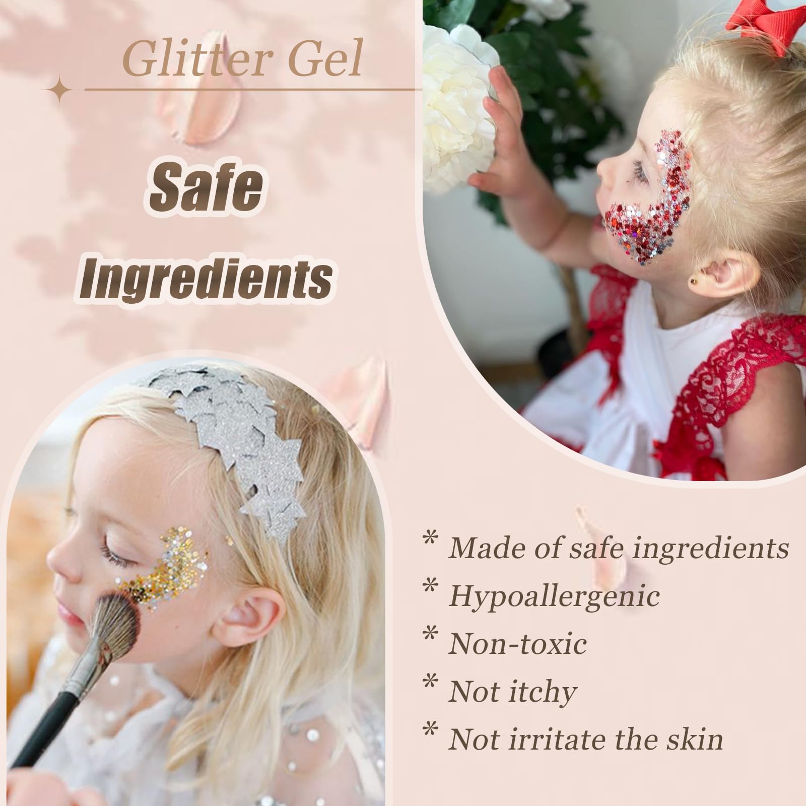 Cosmetic glitter gel applied beautifully to model cheekbones and hair roots