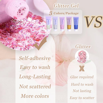 Five tubes of festival makeup sequins in white silver pink gold blue