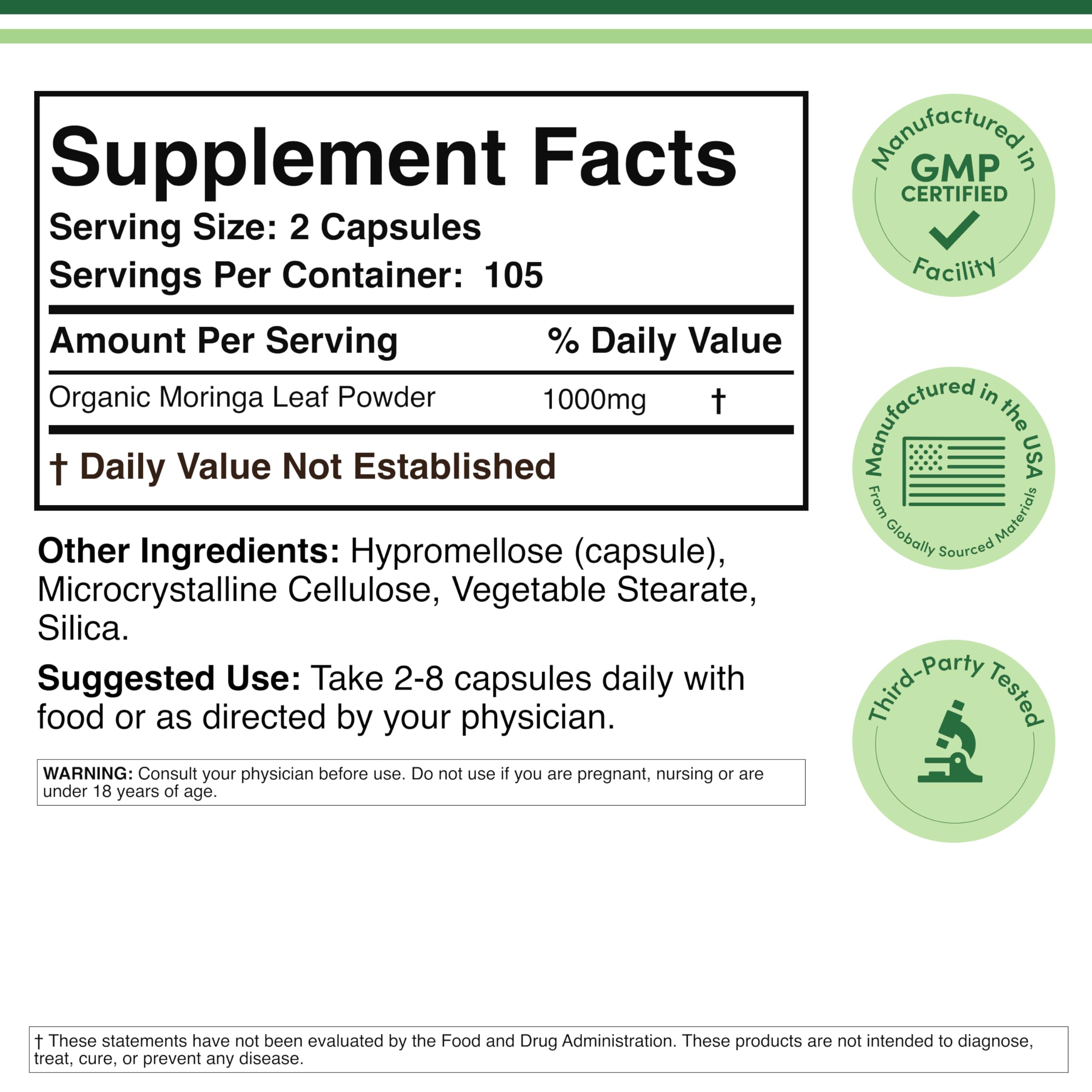 Double Wood Supplements Moringa 105 count label details with nutritional profile and amino acids list