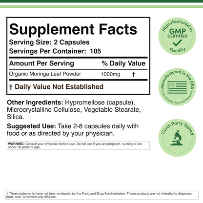 Double Wood Supplements Moringa 105 count label details with nutritional profile and amino acids list