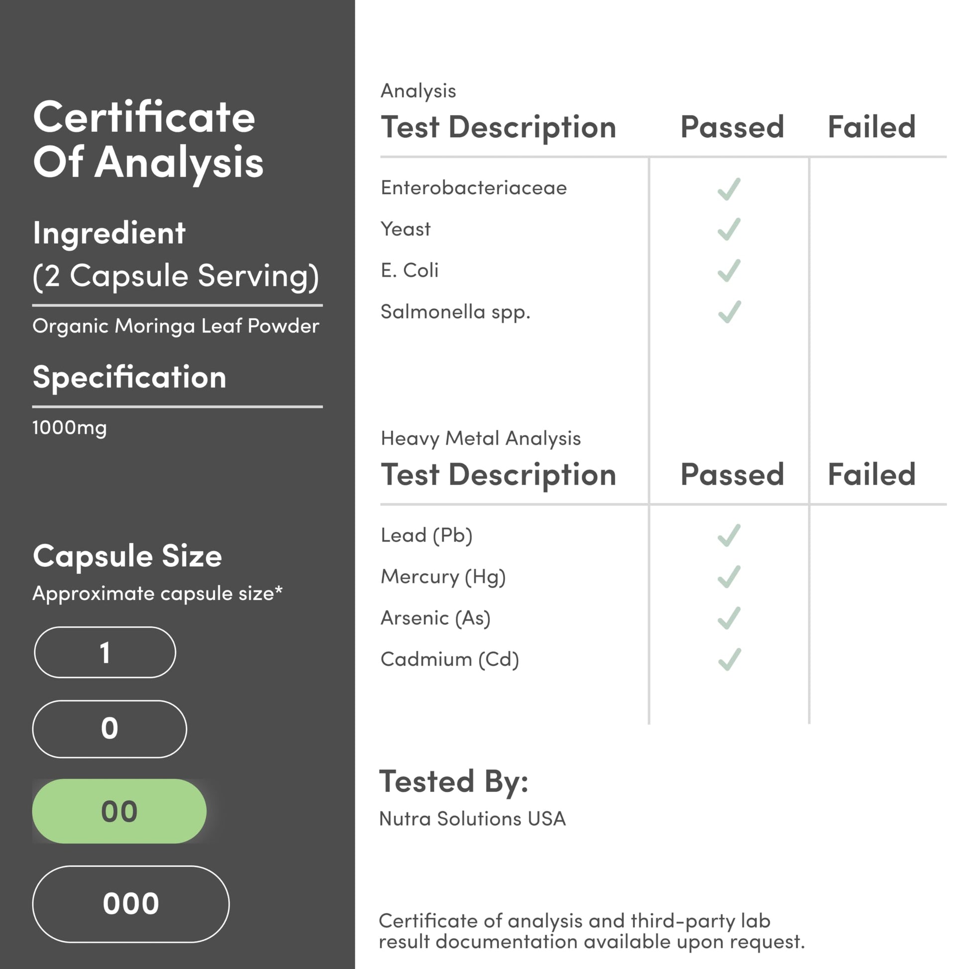 Double Wood Supplements Moringa packaging showing product specifications and verified third-party testing seal