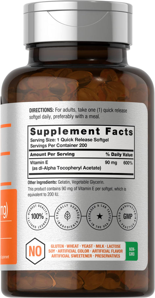 Horbäach Vitamin E 90 mg 200 count supplement label details and nutrition facts