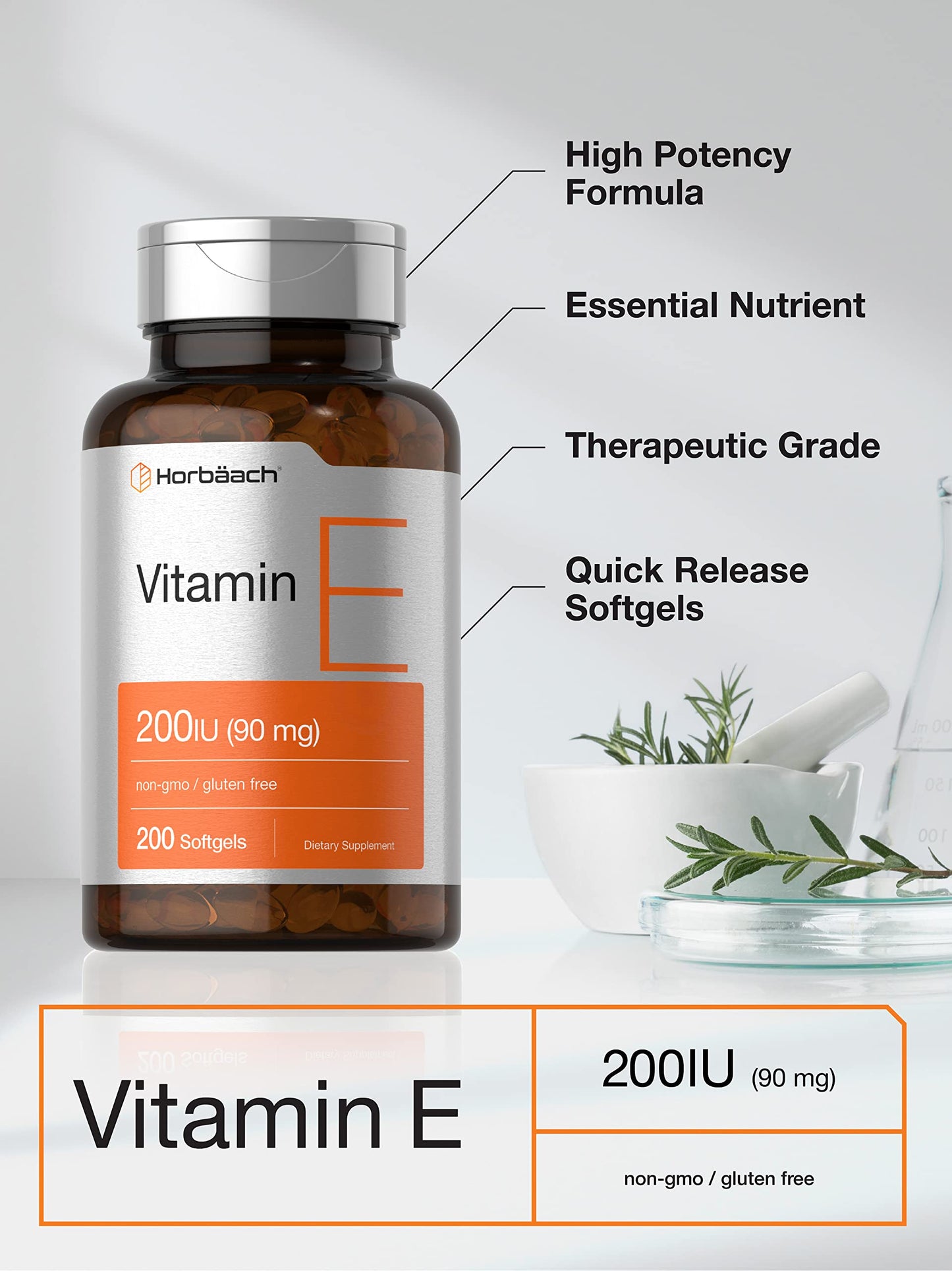 Quick release liquid softgels of Horbäach Vitamin E displaying non-GMO feature