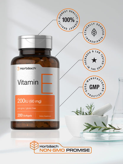 Horbäach Vitamin E premium dietary supplement bottle showing 200 softgels count