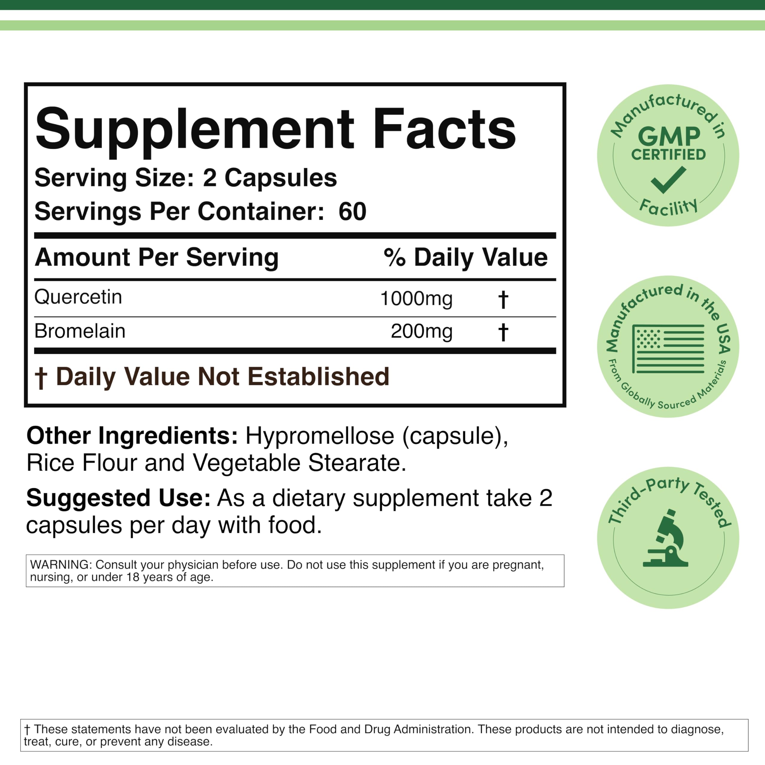 Double Wood Quercetin with Bromelain 1200mg nutritional supplement information label with daily serving breakdown