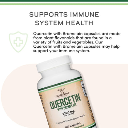 Authentic Double Wood Quercetin 1000mg and Bromelain 200mg capsules displayed for daily health regimen