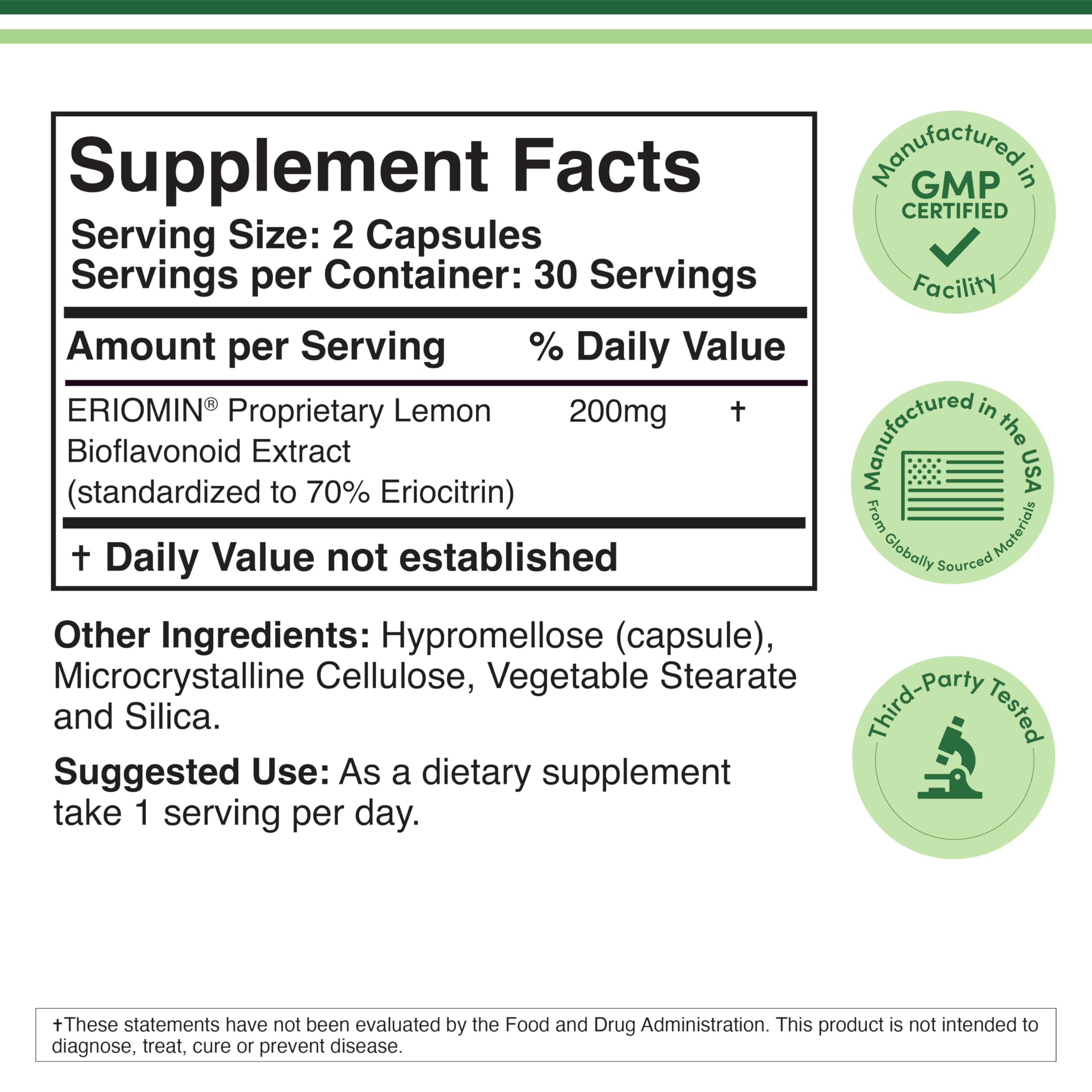 Patented Eriomin citrus bioflavonoid supplement facts and dosage label.
