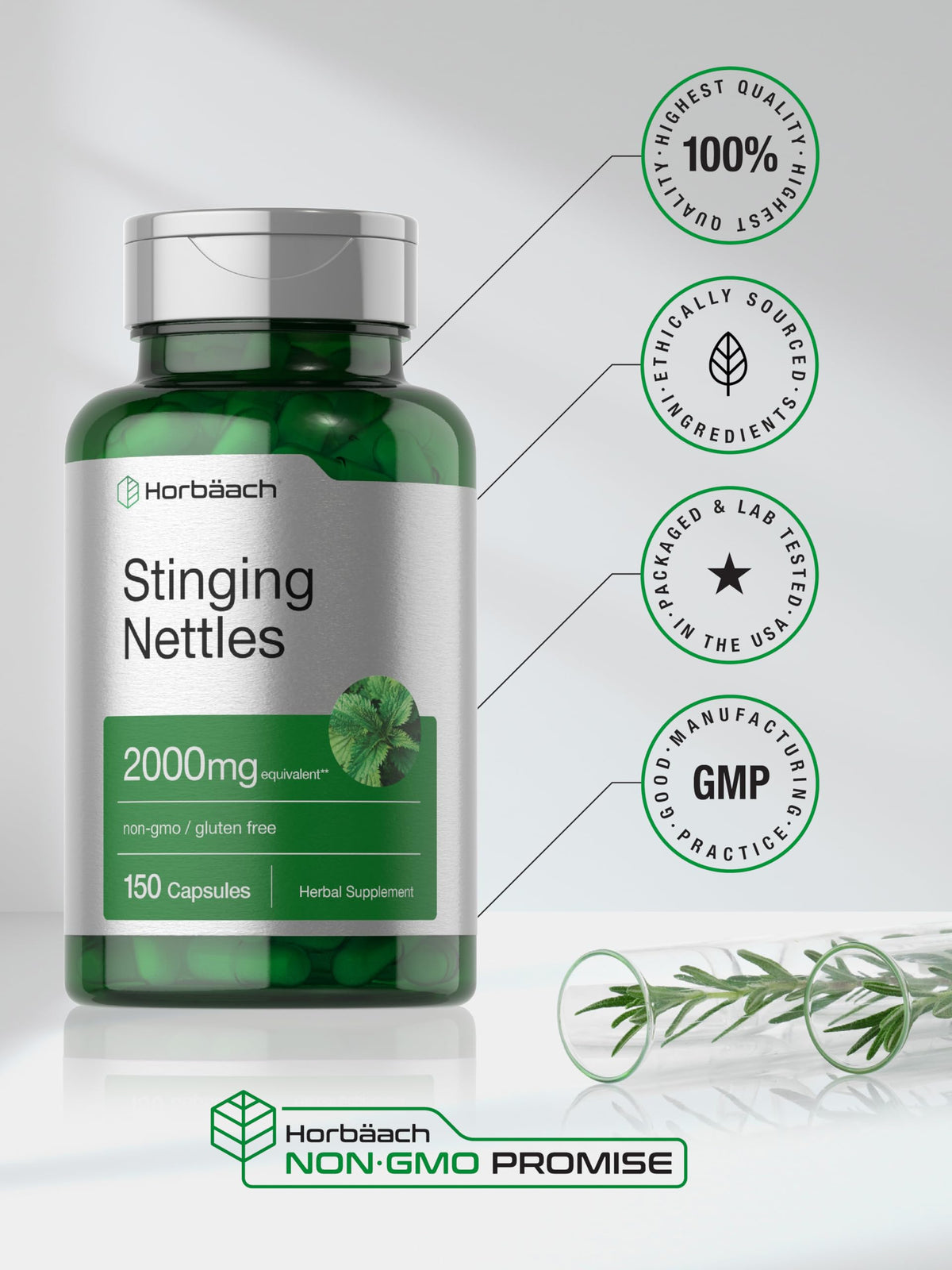 HorbÃ¤ach Stinging Nettle 150 count bottle showing dosage instructions