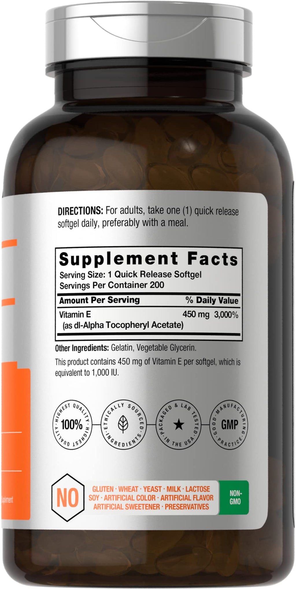 Horbäach Vitamin E supplement nutritional label details