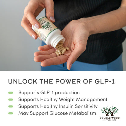Vegan GLP-1 support capsules by Double Wood for appetite control.