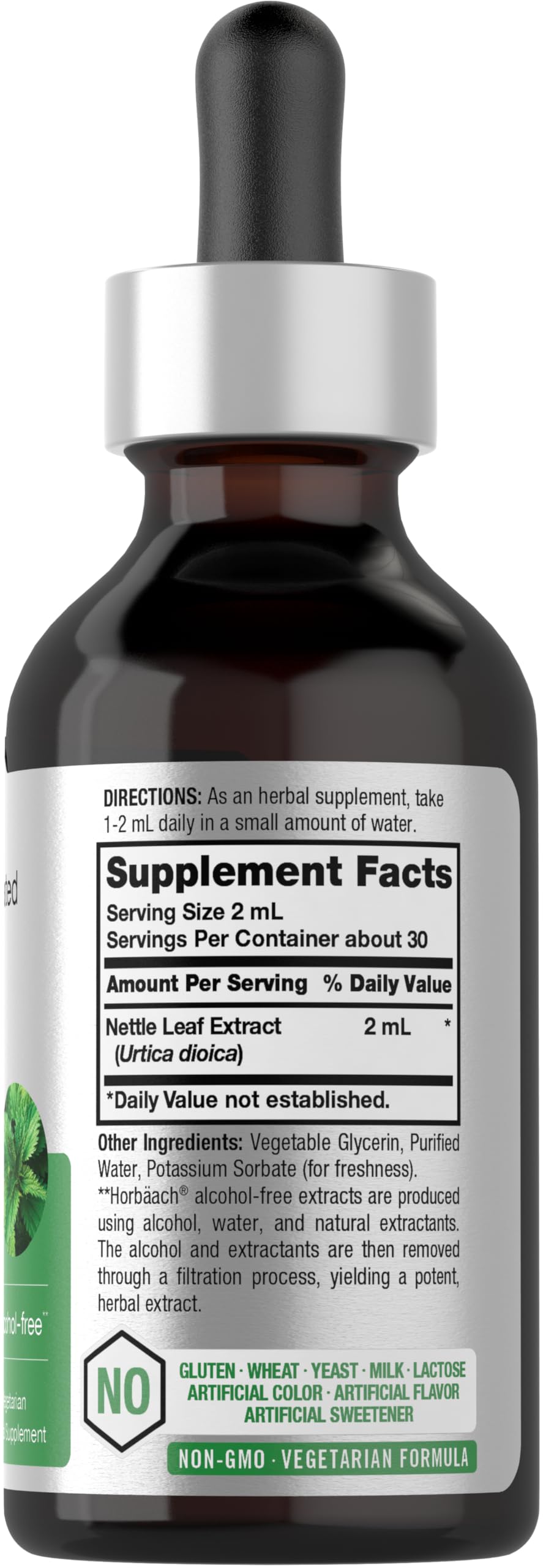 HorbÃ¤ach stinging nettle liquid extract tincture 2 fluid ounces packaging detail showing non GMO verification