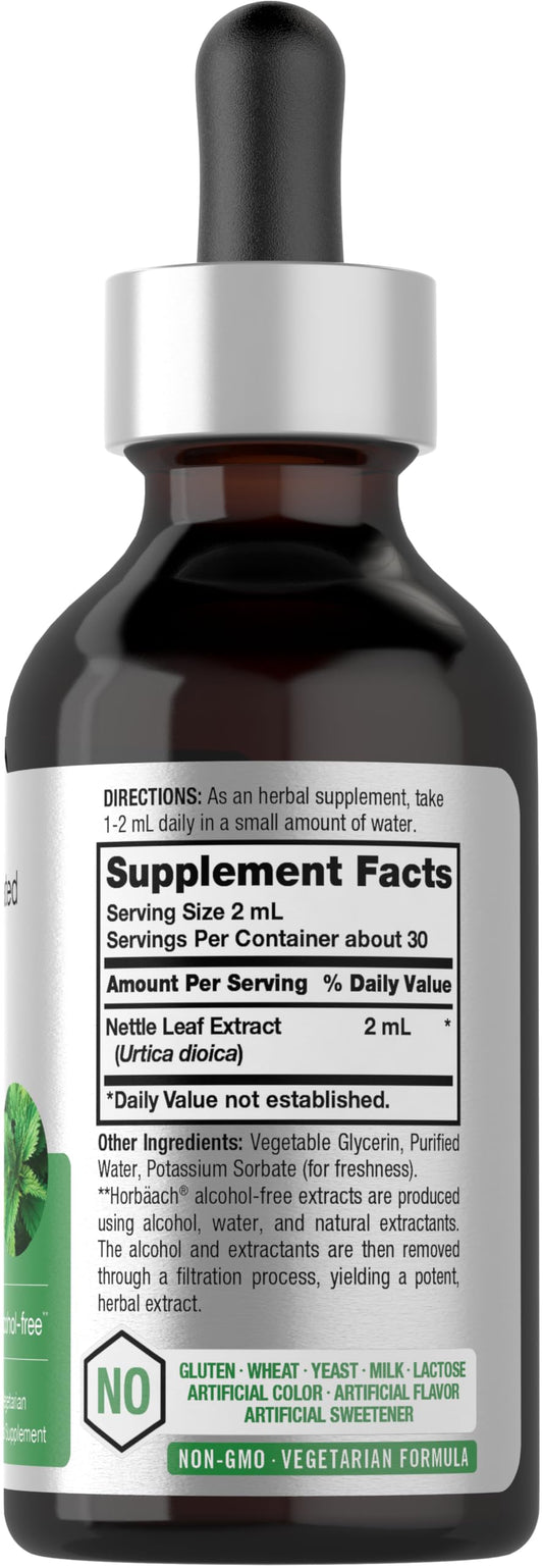 HorbÃ¤ach stinging nettle liquid extract tincture 2 fluid ounces packaging detail showing non GMO verification