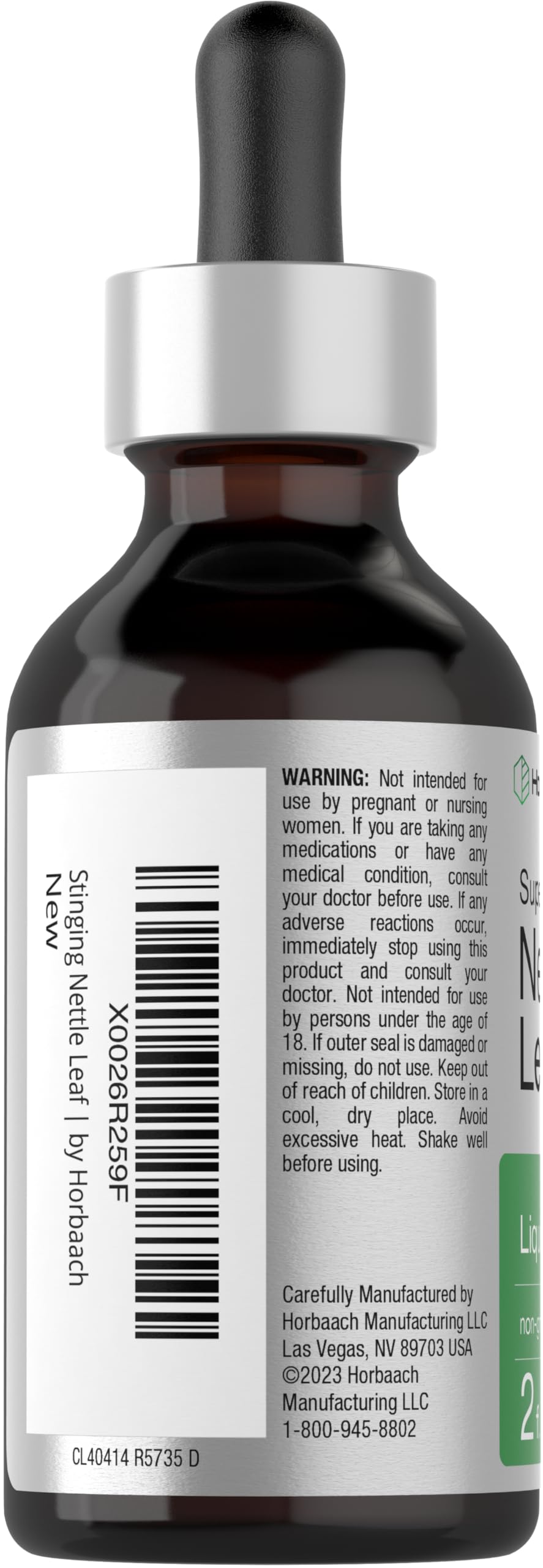 Back label of HorbÃ¤ach nettle leaf herbal supplement highlighting product ingredients and daily usage instructions
