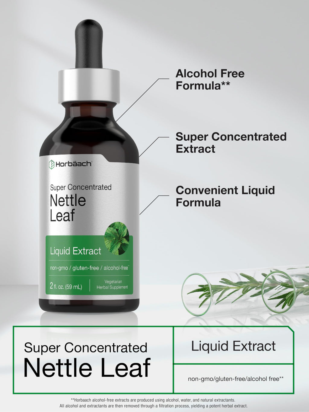 HorbÃ¤ach alcohol free nettle leaf dropper bottle displaying super concentrated formula details