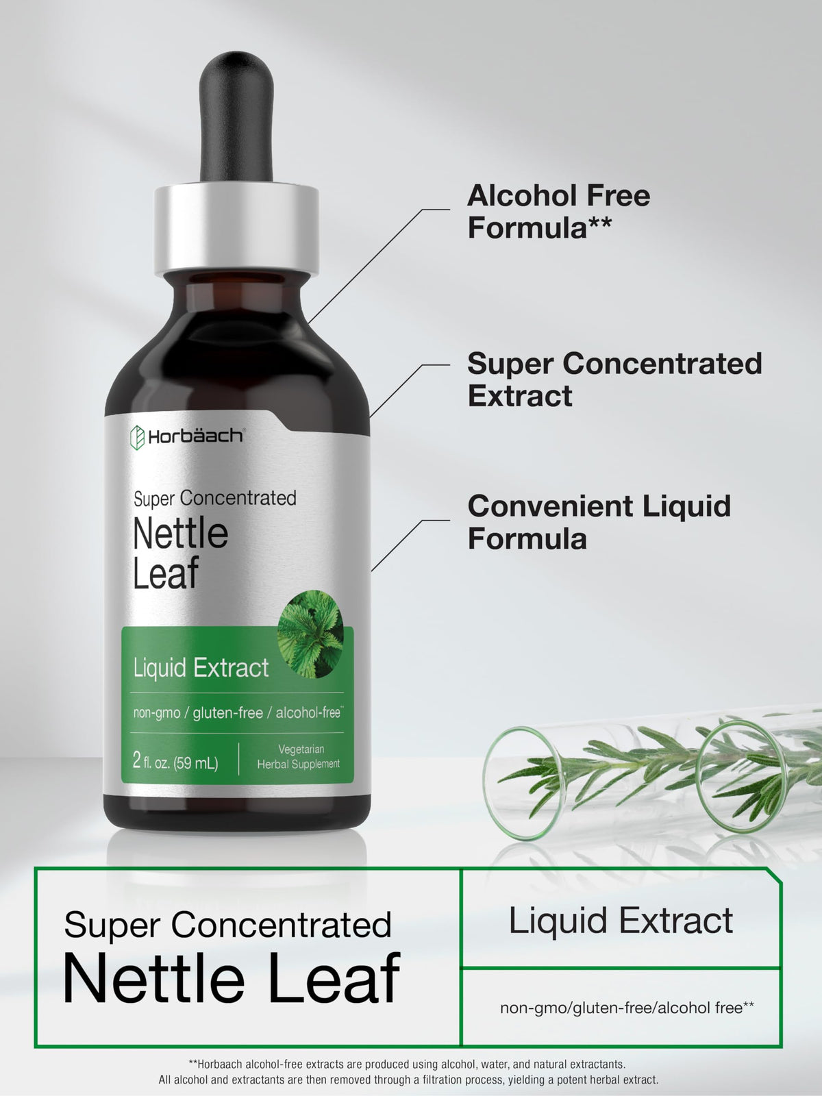 HorbÃ¤ach alcohol free nettle leaf dropper bottle displaying super concentrated formula details