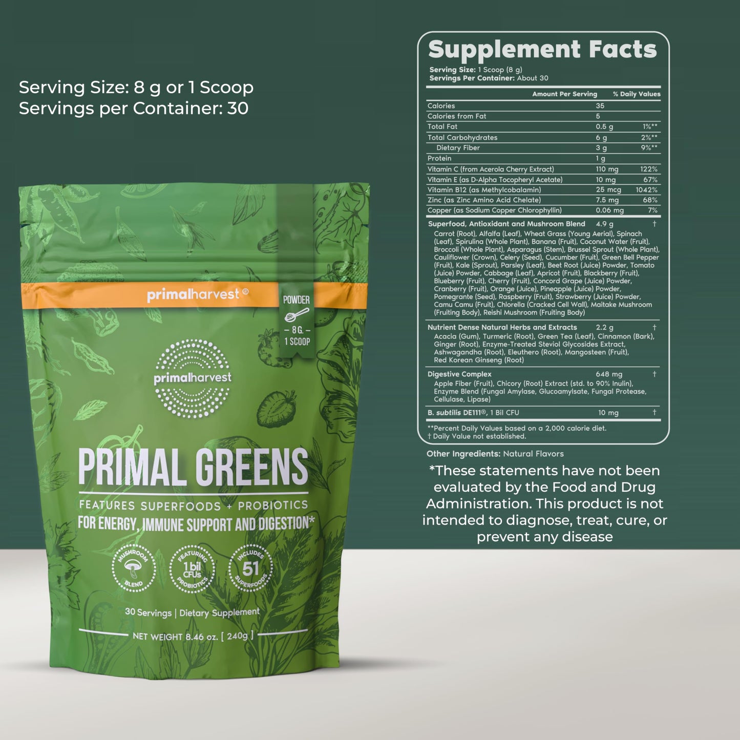 Primal Harvest Super Greens nutritional label and ingredient list