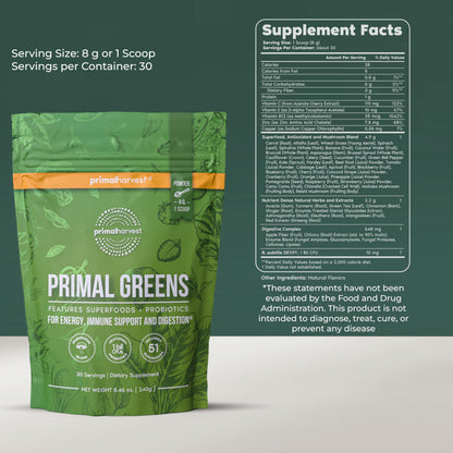 Primal Harvest Super Greens nutritional label and ingredient list
