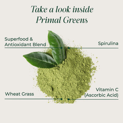 Scoop of Primal Harvest green powder next to the product pouch
