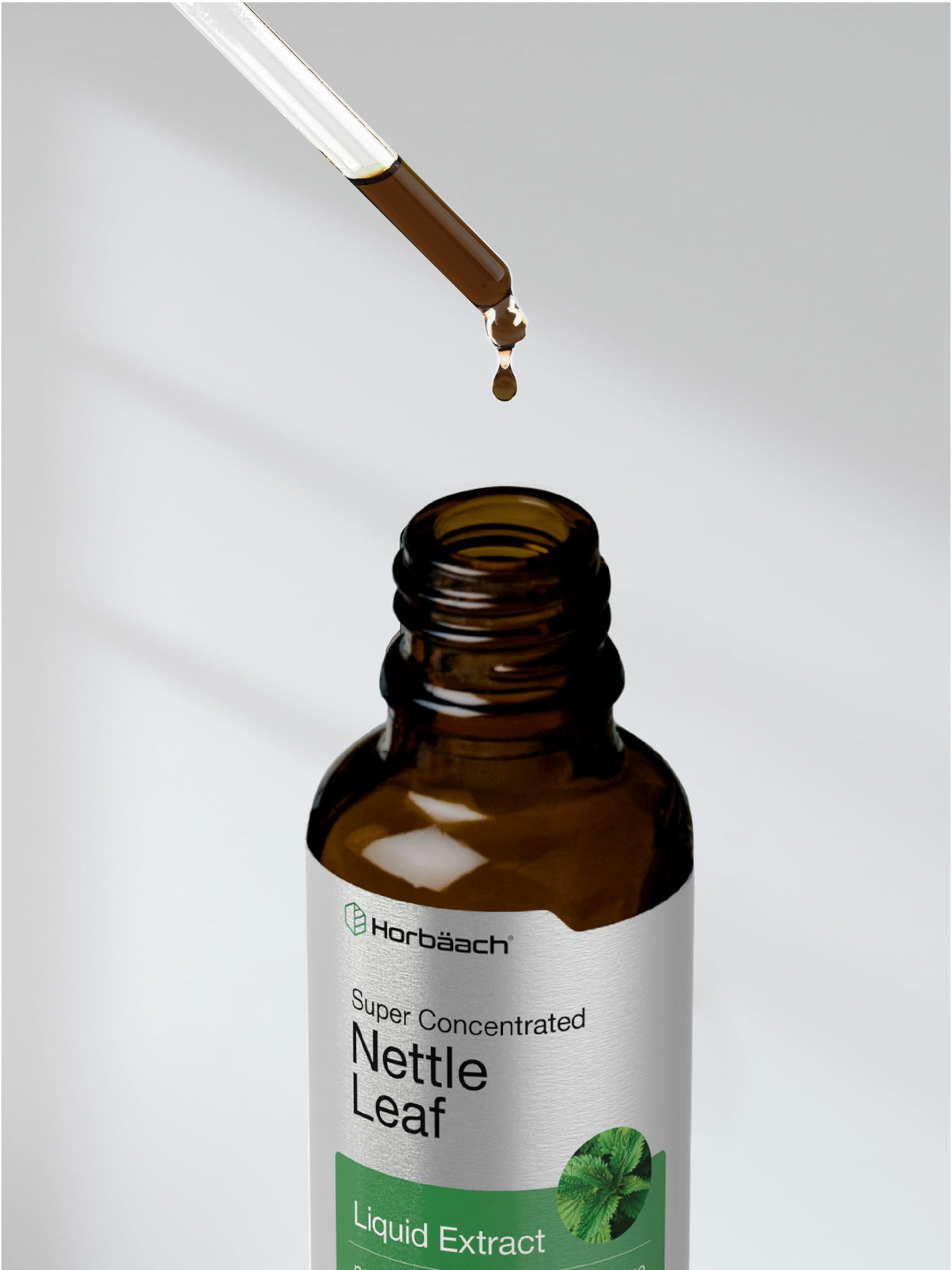 Full range presentation of HorbÃ¤ach nettle leaf extract liquid tincture for premium Indian e-commerce catalog