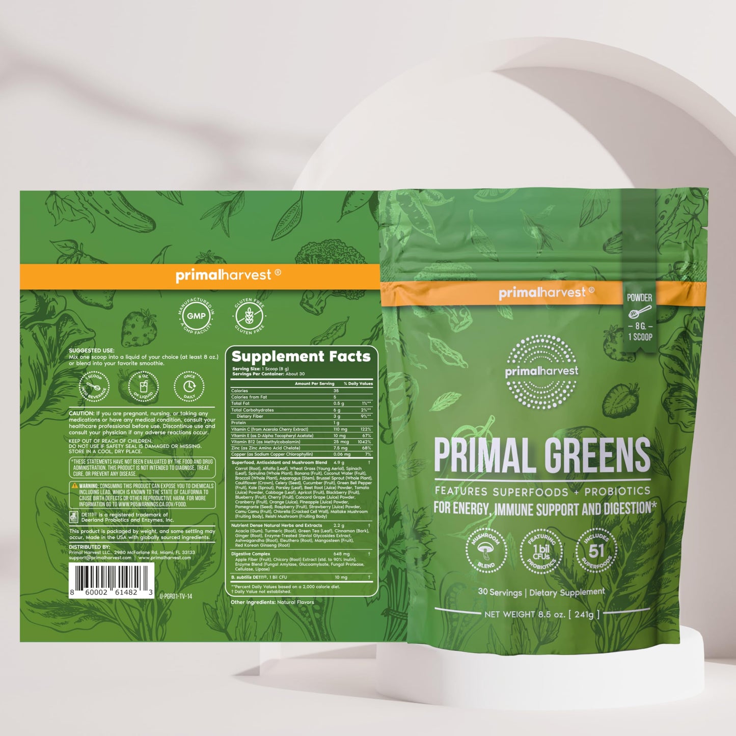 Close up of Primal Harvest 30 servings pouch packaging