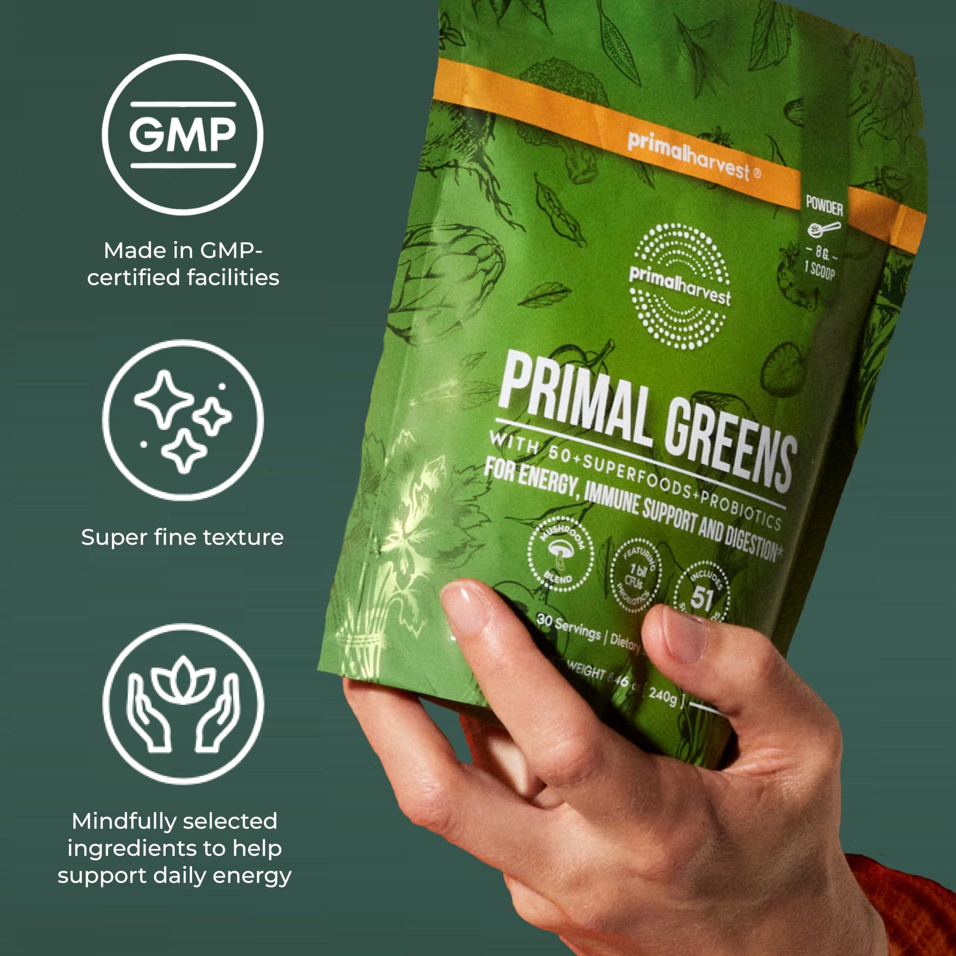 Primal Harvest greens powder being blended into a healthy smoothie