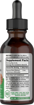 HorbÃ¤ach alcohol free valerian root liquid tincture product label showing vegetarian and non-GMO seals.