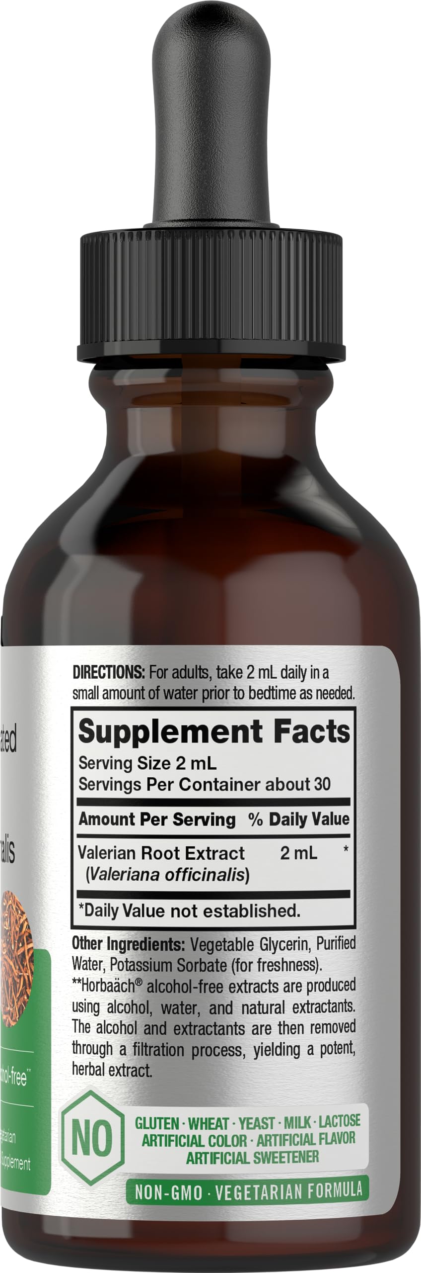 HorbÃ¤ach alcohol free valerian root liquid tincture product label showing vegetarian and non-GMO seals.
