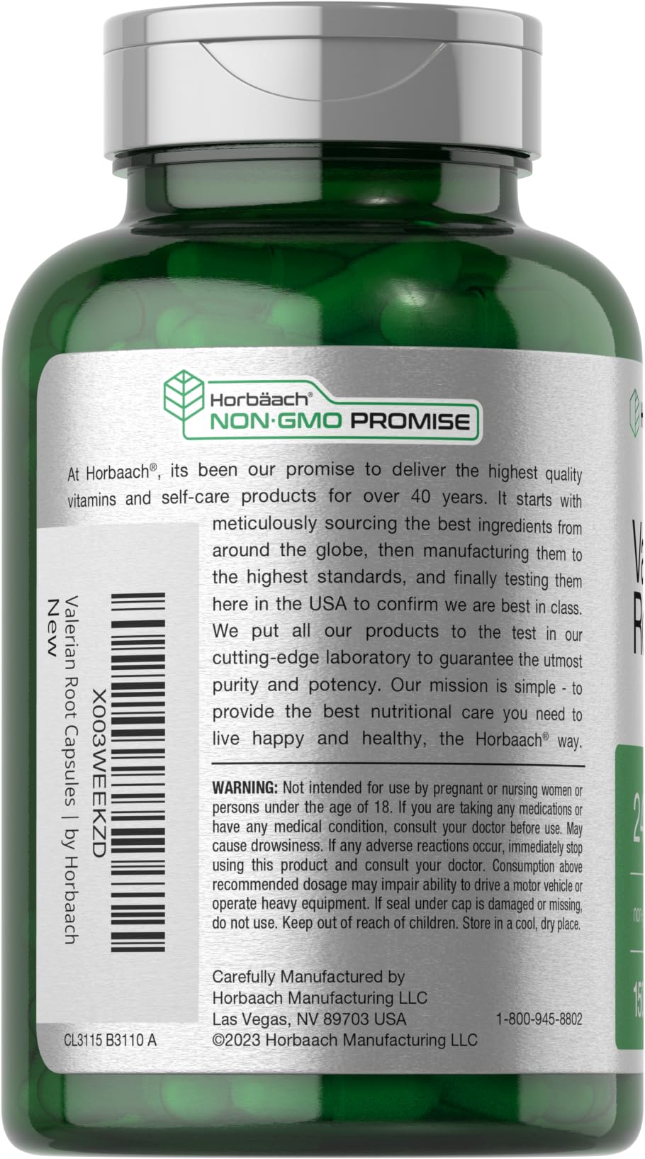 Horbaach non-GMO and gluten-free valerian root capsules nutritional facts panel side view