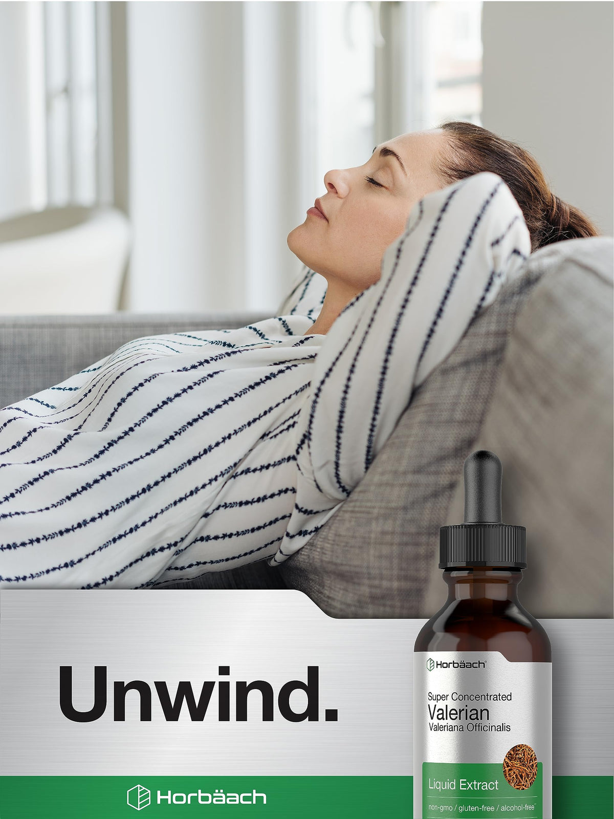 Authentic HorbÃ¤ach valerian root extract drops showing the gluten free and alcohol free certifications.