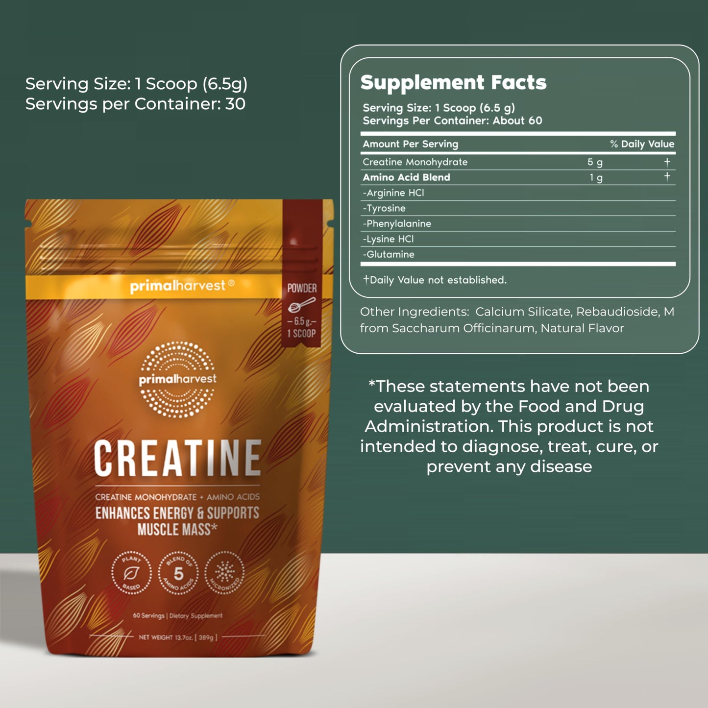 Primal Harvest Creatine supplement pouch showing 60 servings