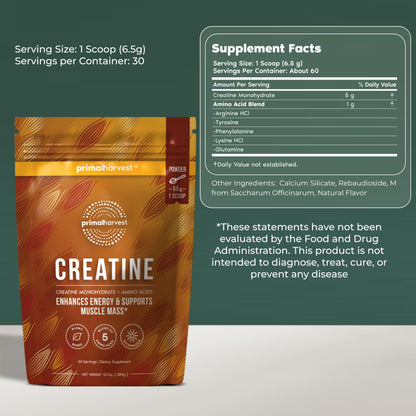 Primal Harvest Creatine supplement pouch showing 60 servings