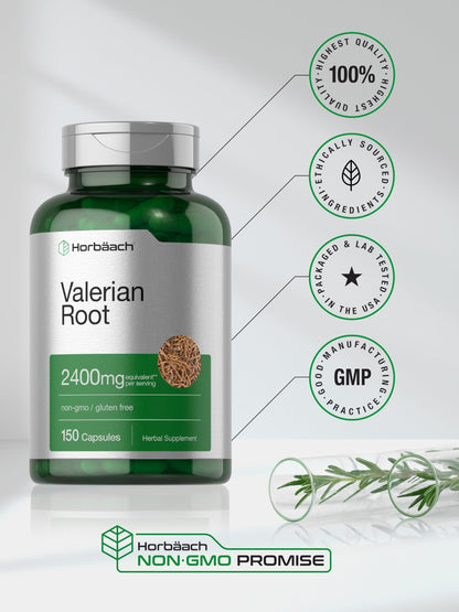 Horbaach Valerian Root 150 count bottle layout showing traditional root extract blend