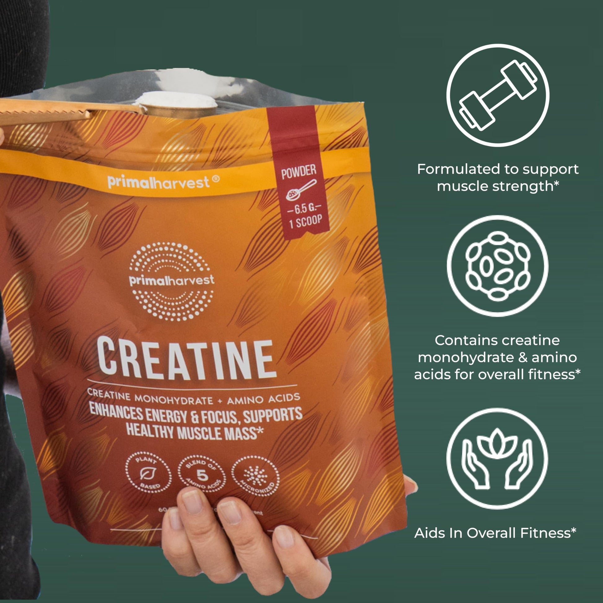 Side view of Primal Harvest Creatine packaging
