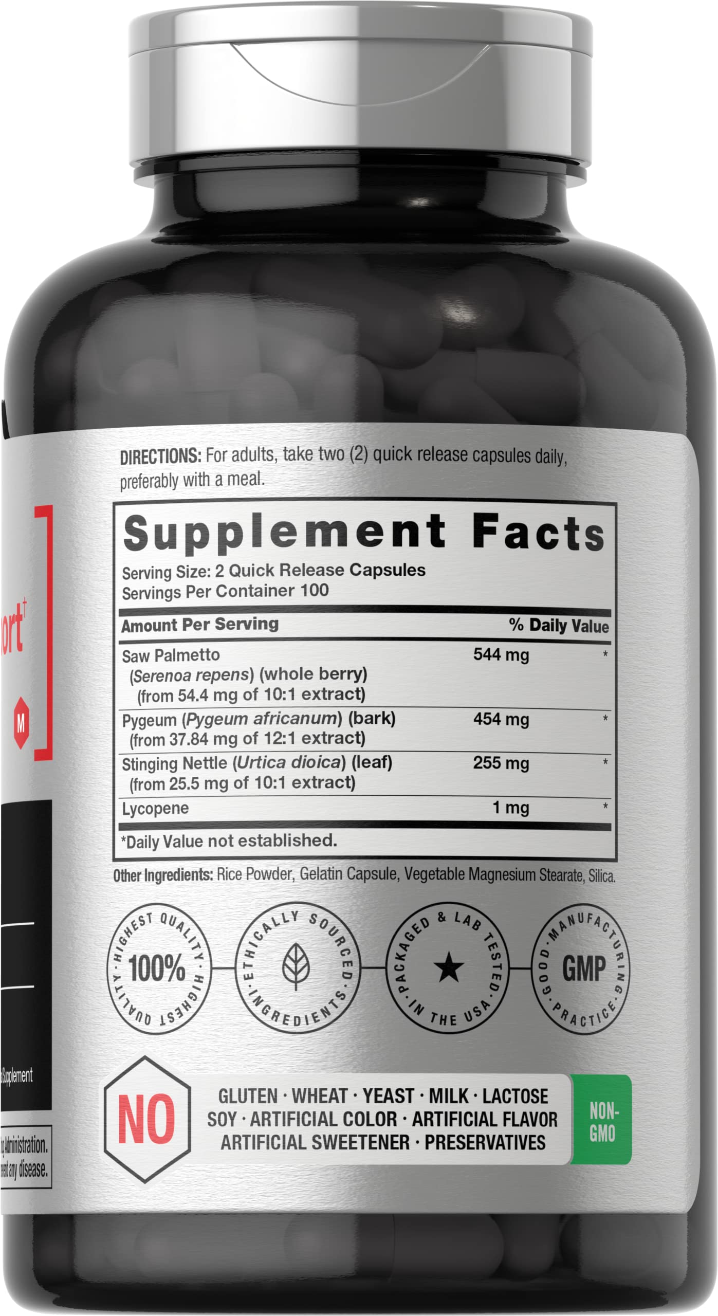 Horbaach Prostate Support Complex quick release capsules side label detailing the non-GMO and gluten-free features.