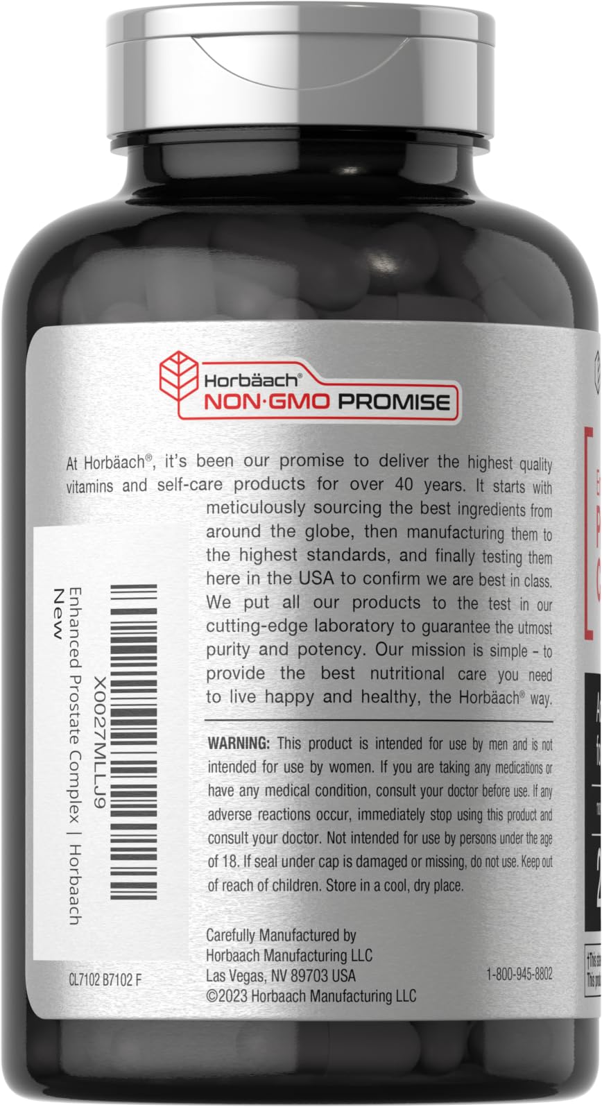 Back label of Horbaach Prostate Support formula highlighting the herbal blend ingredients including saw palmetto and pygeum.
