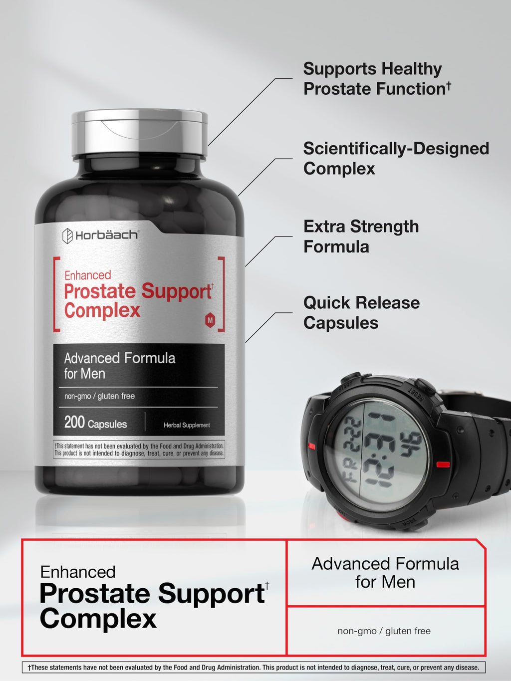 Authentic Horbaach men's wellness supplement bottle placed vertically showing clear supplement facts and usage instructions.