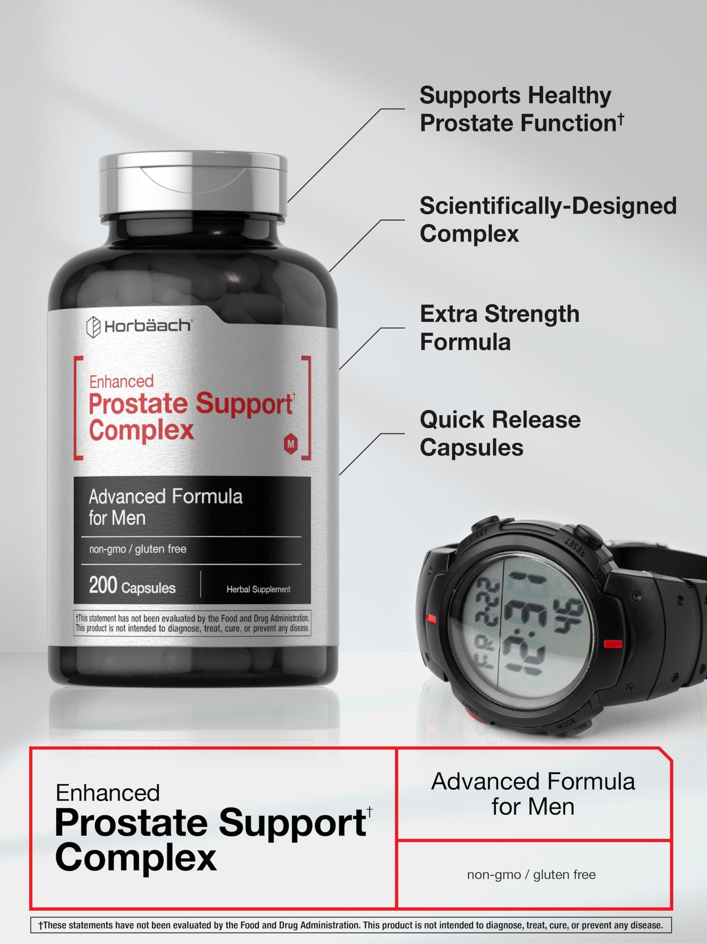 Authentic Horbaach men's wellness supplement bottle placed vertically showing clear supplement facts and usage instructions.