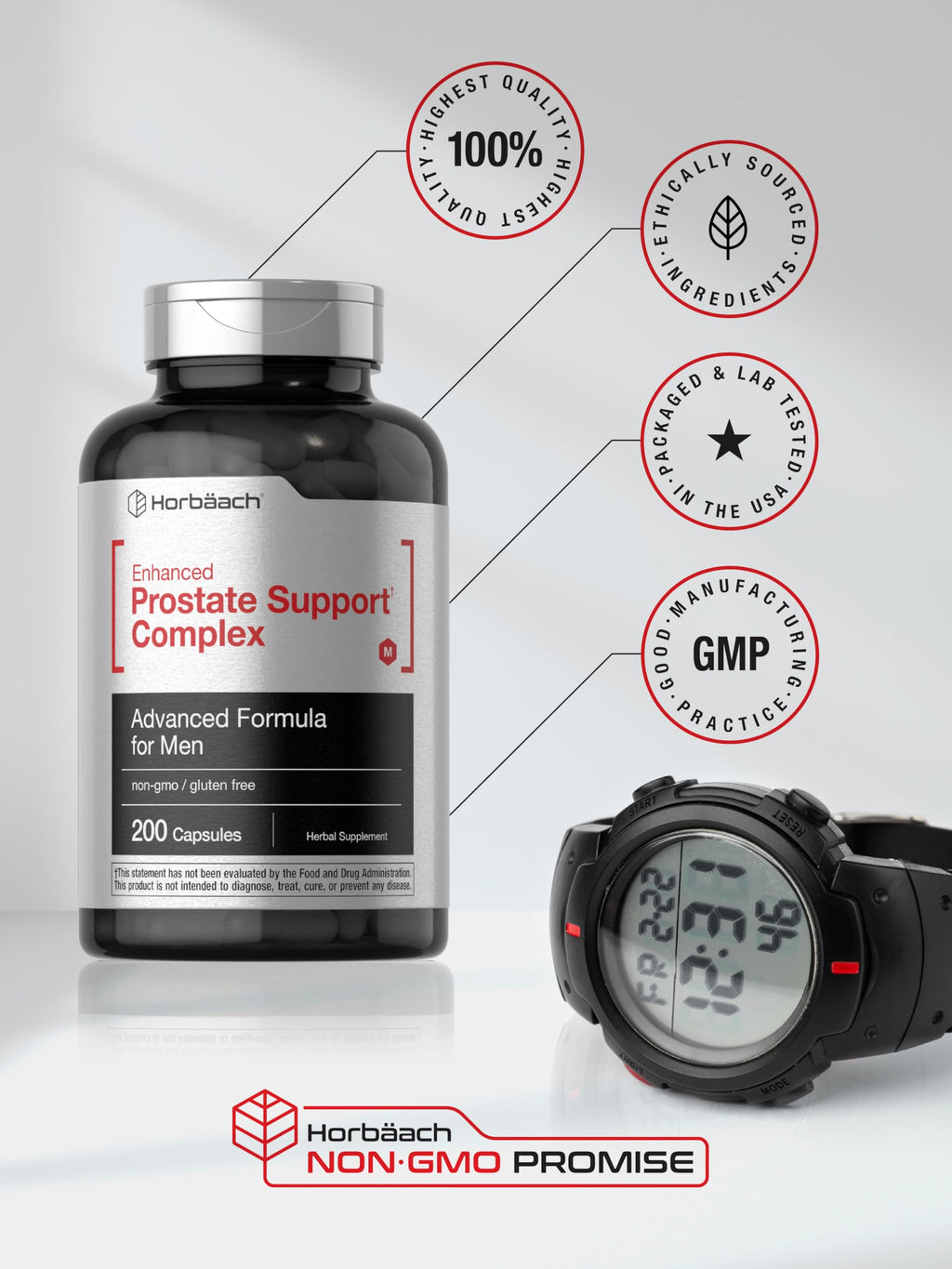Horbaach advanced complex capsules container demonstrating authentic USA packaging standards for male health products.