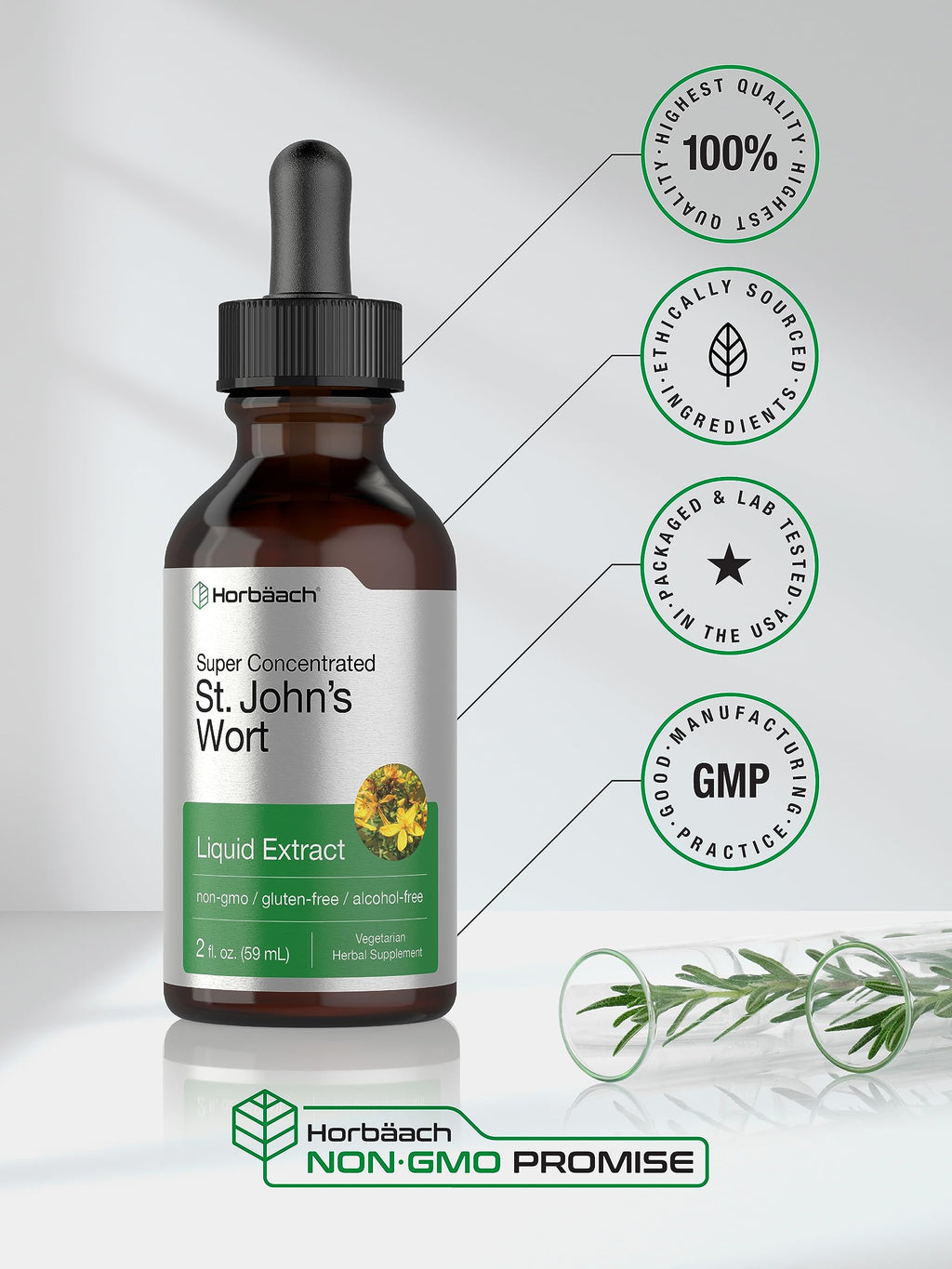 HorbÃ¤ach St Johns Wort non-GMO gluten free extract bottle setup