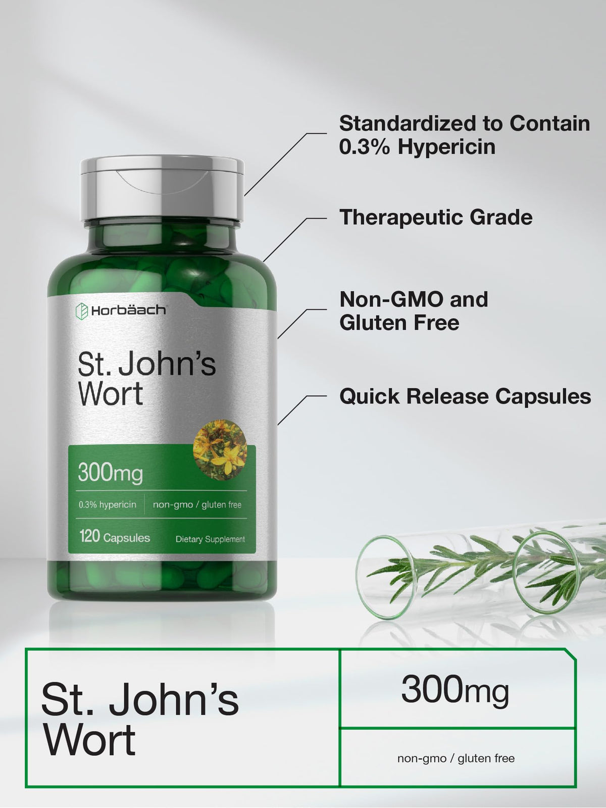 Authentic HorbÃ¤ach St Johns Wort 300mg dietary supplement bottle top angle