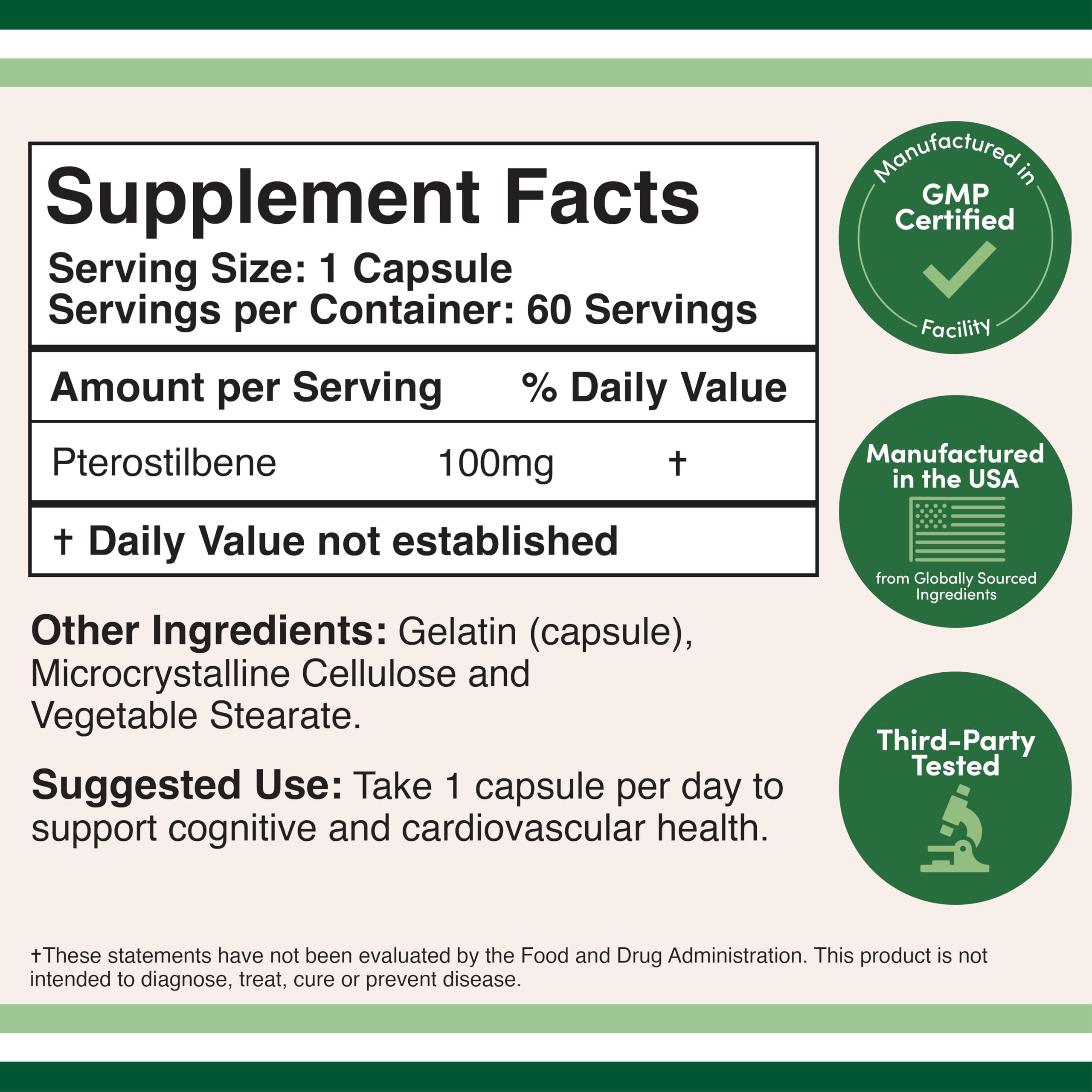 Close up of Double Wood Pterostilbene antioxidant label