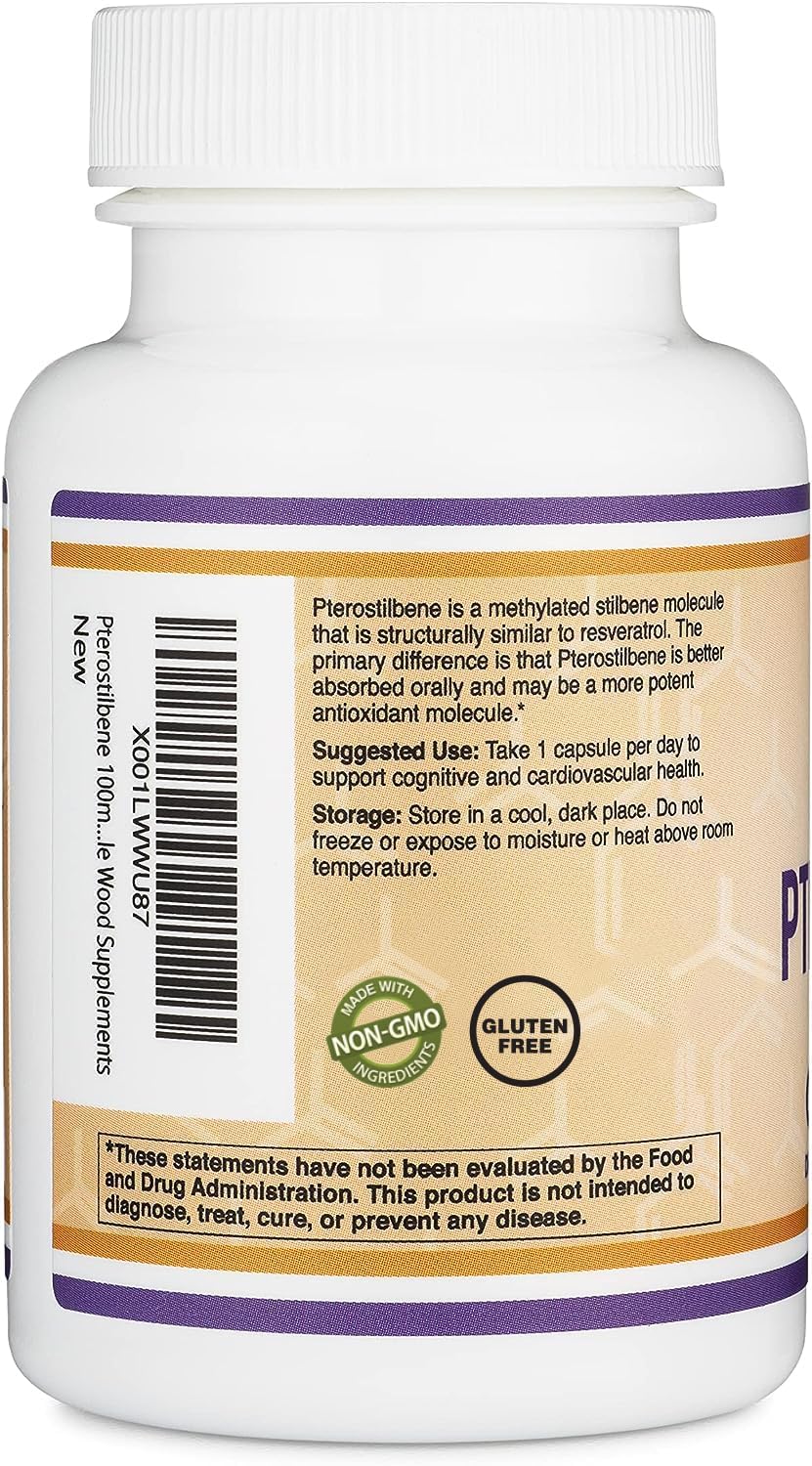 Double Wood Supplements Pterostilbene 100 milligrams capsules macro shot.