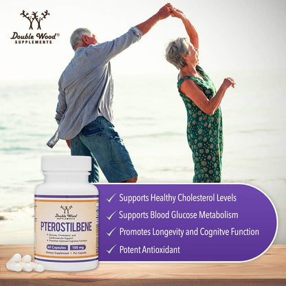 Side profile of Pterostilbene 100mg bottle showing supplement facts