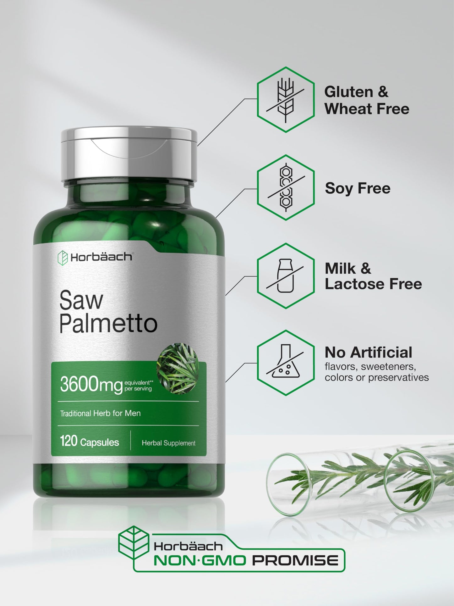 HorbÃ¤ach Saw Palmetto packaging showing capsule count and clear dosage instructions