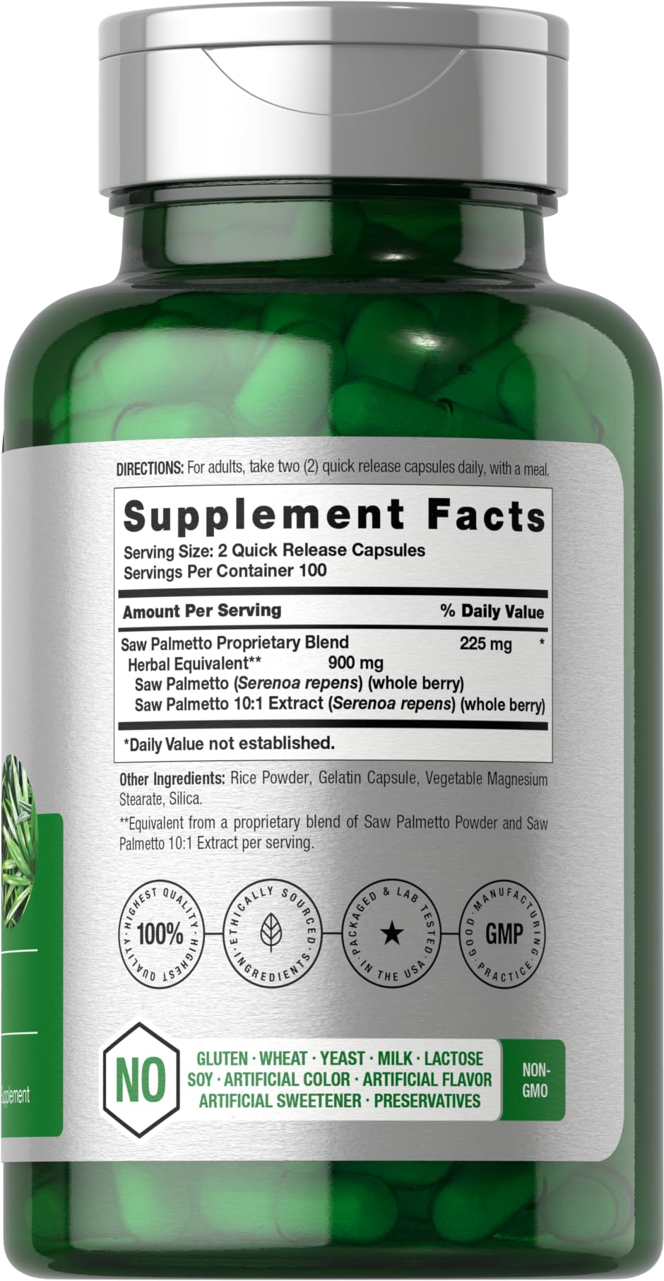 Horbaach Saw Palmetto 200 quick release capsules supplement facts and ingredient list label